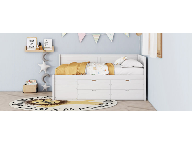 Lit de jour en bois avec tiroirs et tablettes ouvertes Barrin, Lit double, Blanc