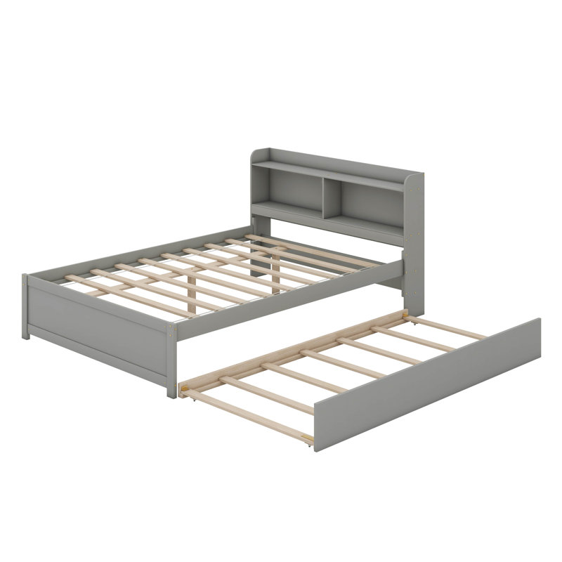 Lit plateforme avec lit gigogne et tablettes de rangement, Gris, Full