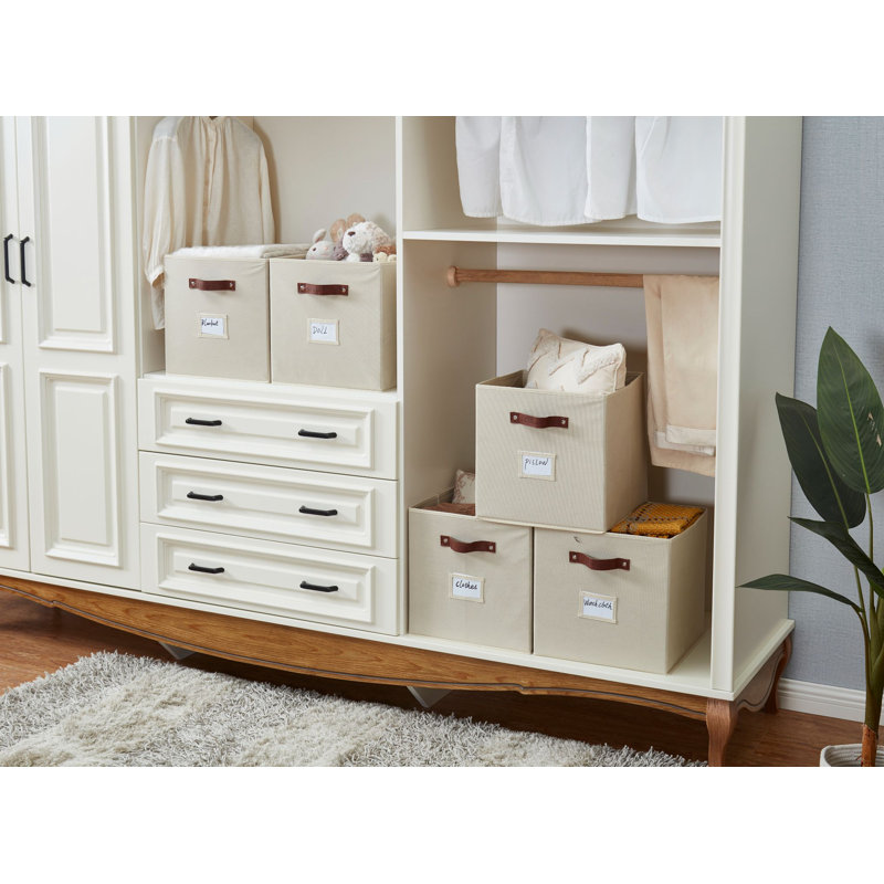 Beige Fabric Cube Storage Bins with Handles, Set of 6