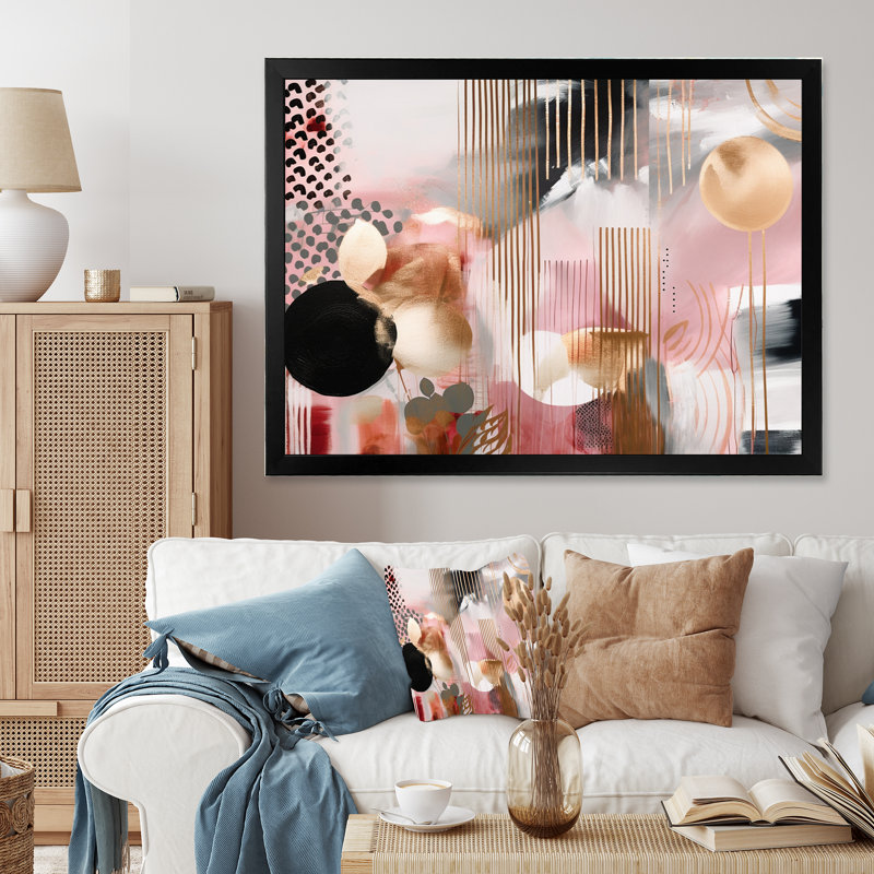 «Pink Gold Lines Scenery I - Modern Shapes», art mural transitionnel, Cadre photo noir, L 20 po x H 12 po