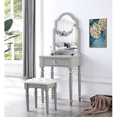 Grey Wood Vanity Table Set With Arched Mirror And Upholstered Stool