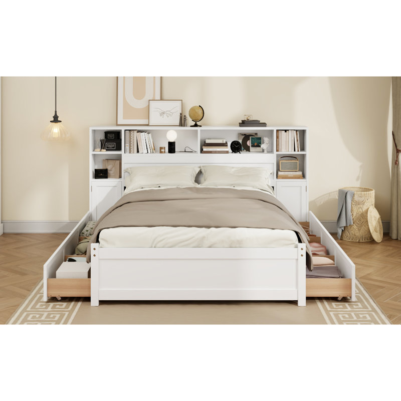 Lit simple simple avec tête de lit bibliothèque, six grands tiroirs et une fonction de chargement, idéal pour le rangement en bois de la chambre des adolescents