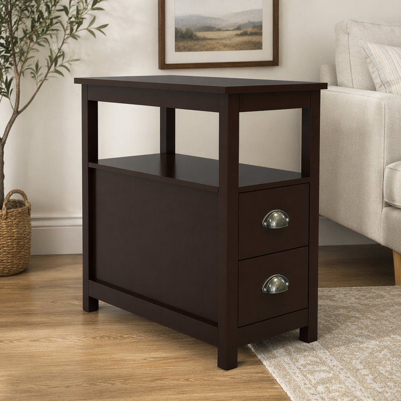 End Table, Narrow Nightstand With 2 Drawers and Open Shelf
