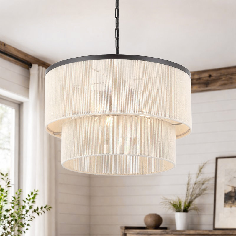 18" 3-Light Dimmable Drum Chandelier, Bronze, Beige