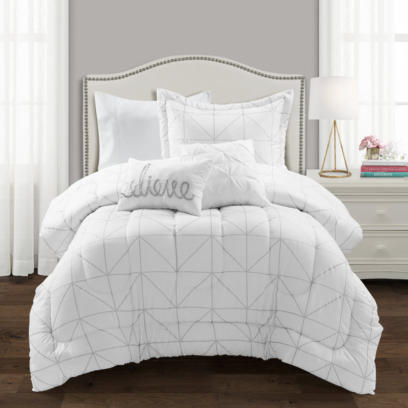 Ensemble d'édredon à motif géométrique Trio, Blanc, Édredon double + 2 taies décoratives + 2 coussin