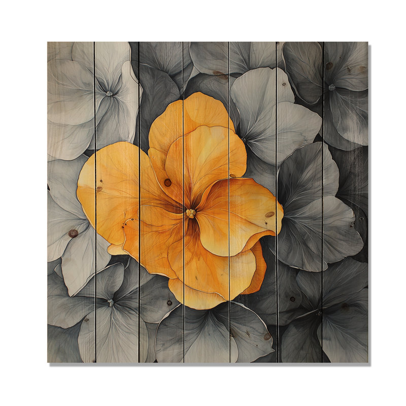 Pétales d'hortensias gris avec accent jaune I - impression d'hortensias sur bois de pin naturel