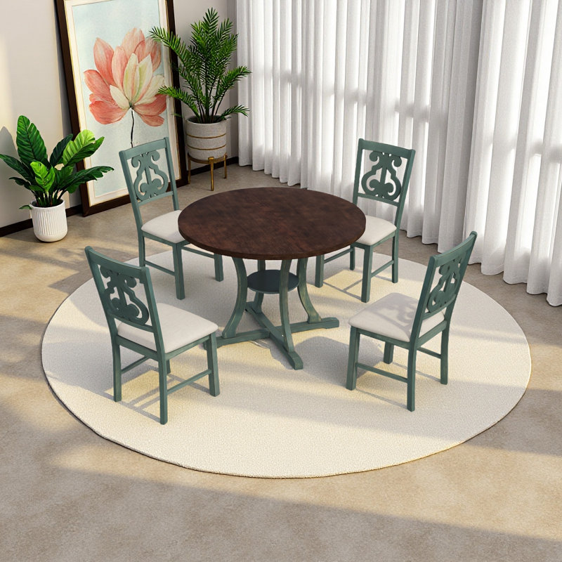 Table de salle à manger 5 pièces et 4 chaises en tissu avec pieds de table et tablette de rangement, Noyer / vert