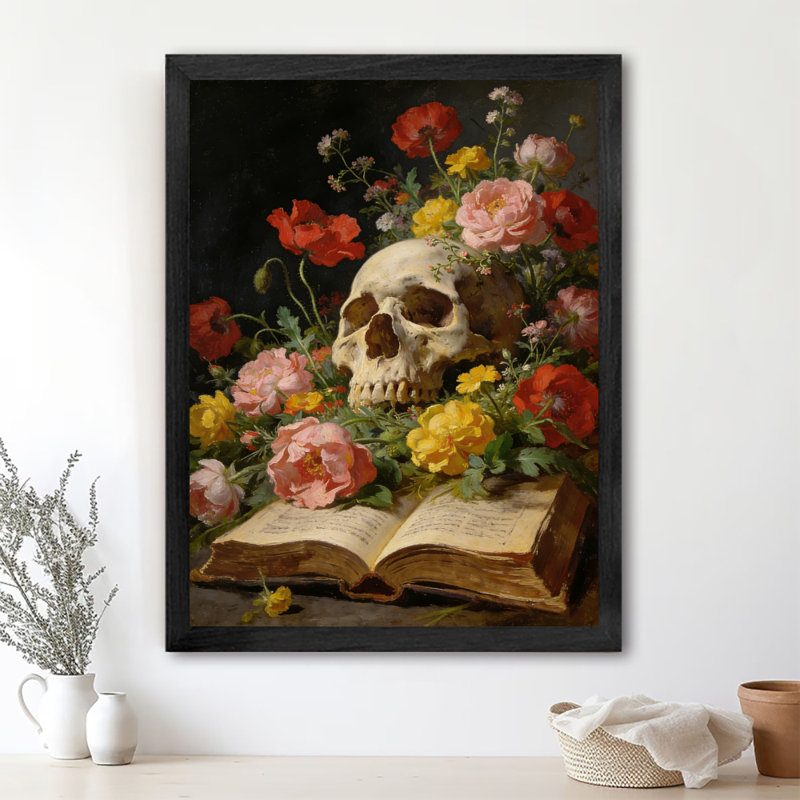 «Black», fleurs rétro encadrées de crânes humains, art mural foncé, impressions encadrées, H 37 po x l 25 po