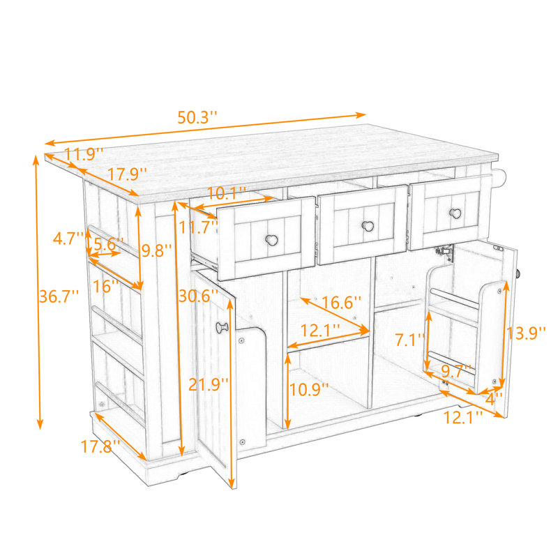 Kitchen Island Cart with Drop Leaf, Power Outlets and Ample Storage on Wheels, White