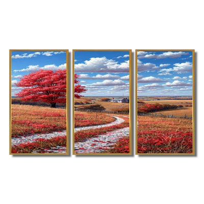 Red Tree Country Road Summer Wildflowers - Countryside Wall Art Set