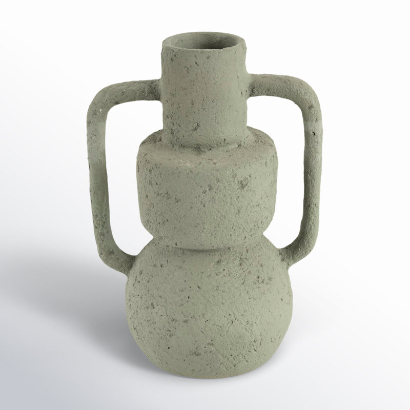 Paper Mache Abstract Textured Decorative Vase with Squared Handles, 13.75" H x 9.5" W x 7" D