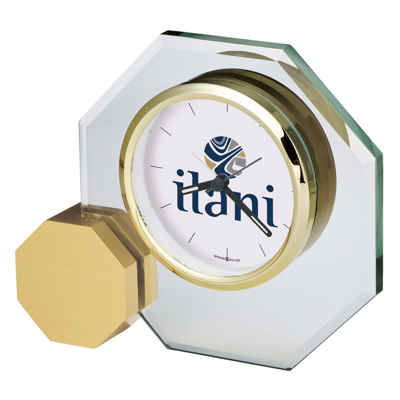 Modern & Contemporary Roman Numeral Crystal Quartz Movement / Crystal Alarm Tabletop Clock, Brushed Brass/Clear