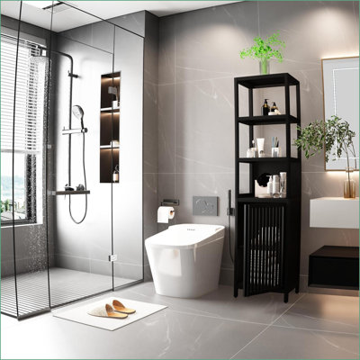 Cabinets, Black Natural Bamboo Storage Cabinet with Shutter Door &amp; 3 Tier Shelves, Freestanding Linen Tower Organizer | Minimalist | Bathroom