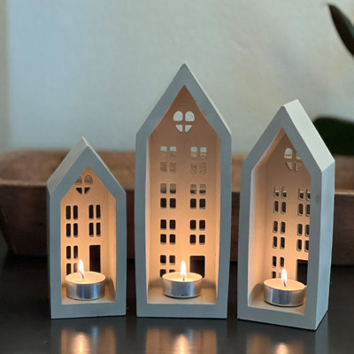 Concrete House Candle Holder, Cottage Ceramic Tea Light Holder, Holiday Place Decor,