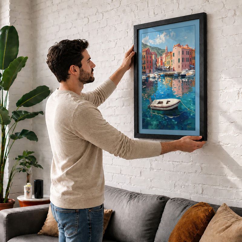 Mediterranean Harbor Coastal - Framed Print, Oak, A4 - 29.7 x 21.0 cm