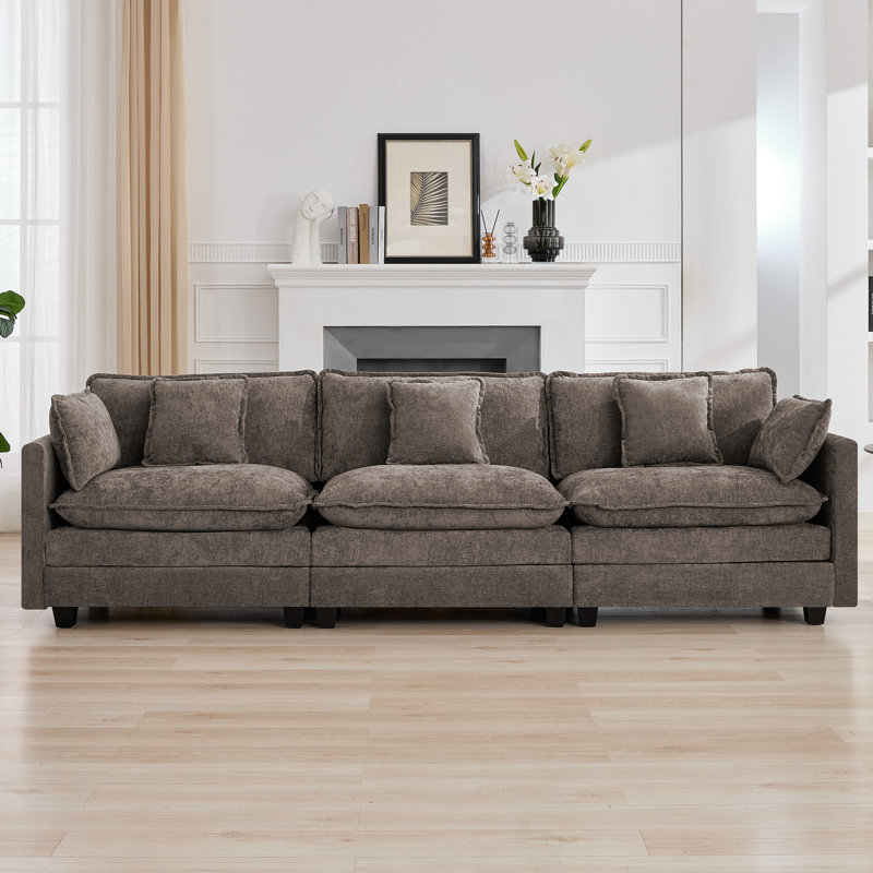Chenille Upholstered Modular Sectional Sofa Couch with Cloud Deep Seat, Brown, 3-Seater