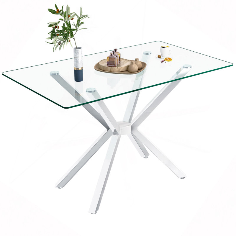 47.24" Rectangular Clear Tempered Glass Dining Table,Stylish Design With Metal Legs, Kitchen Table For Dining Room, Silver