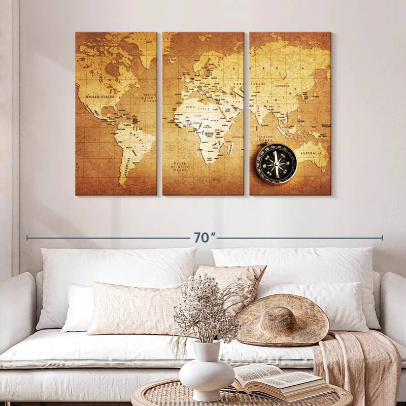 Aliaz Brass Compass Map, 32" H x 50" W