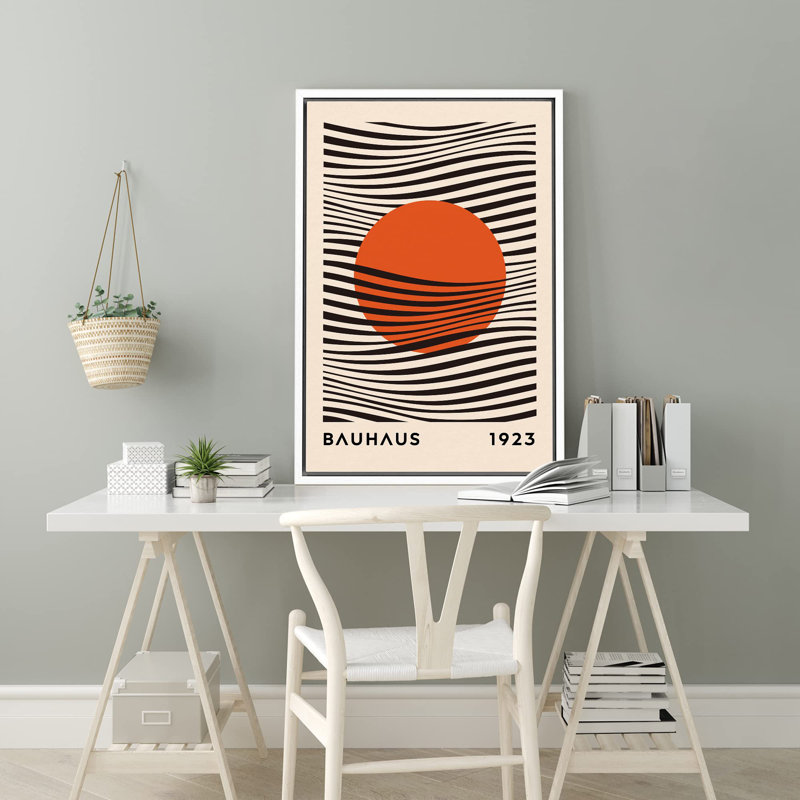 Blocs de couleurs abstraites et vibrantes, style Mid-Century Bauhaus, soleil rouge et vagues noires sur, Blanc