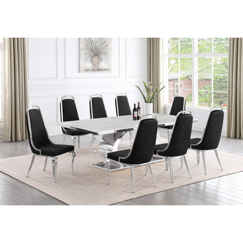 Ensemble de salle à manger rectangulaire L 87 po x l 44 po Bankston, 9, Noir / argent, Argent