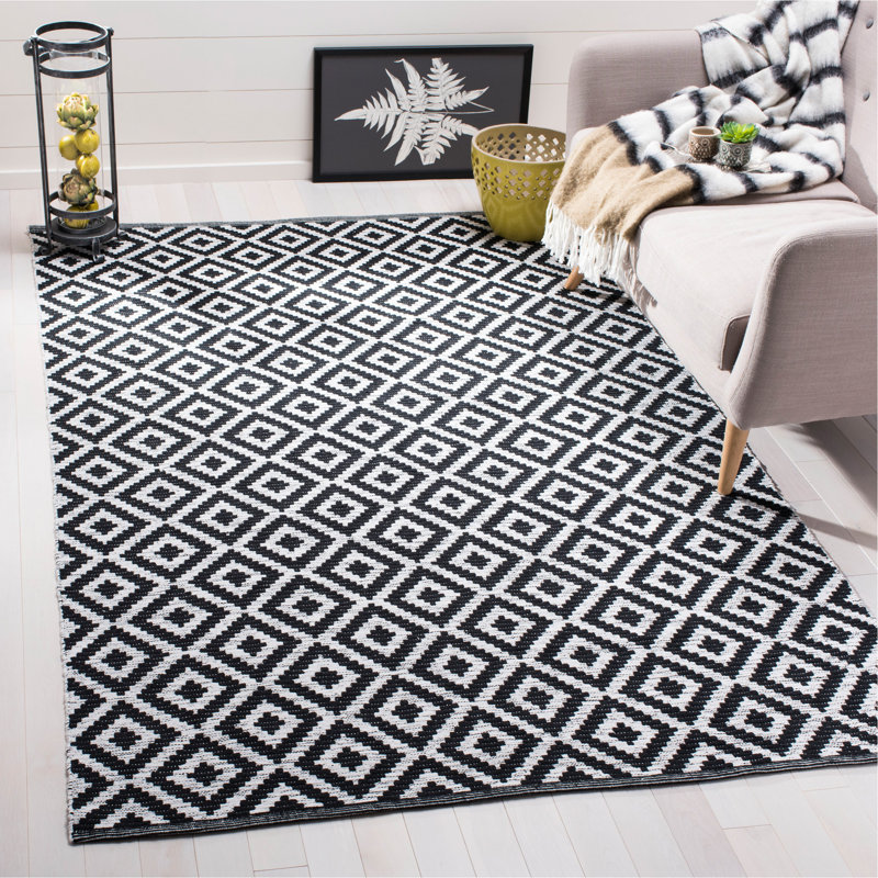Tapis noir / ivoire en coton tissé à plat à la main Harlow, Rectangle de 5 pi x 8 pi