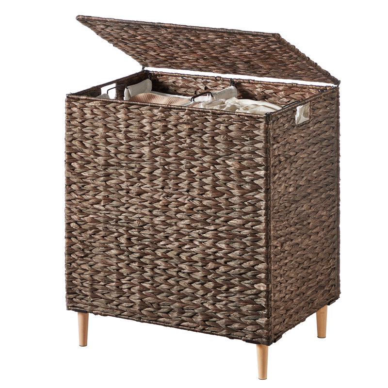 Laundry Hamper 2 Sections, 34.3 Gal. (130 L) Handwoven Water Hyacinth Wicker Laundry Basket With Lid, Natural Material, Removable Machine Washable Liners, Handles