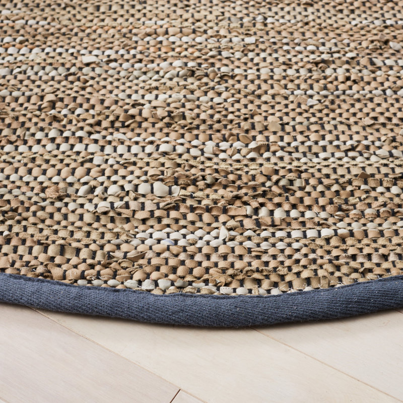 Grund Hand Woven Leather/Cotton/Jute Rug in Blue/Gray, Round 7'