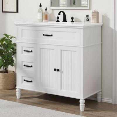 36" Bathroom Vanity with Sink Combo | Acacia Wood Legs, MDF Cabinet, 2 Soft-Close Drawers + 2-Door Cabinet, 8" Widespread Faucet Holes, Open Back for Plumbing