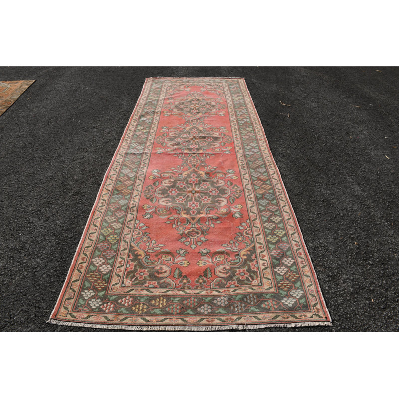 Tapis de chemin de fer turc rétro avec motifs géométriques et floraux - laine faite à la main pour décoration boho bleu / rose