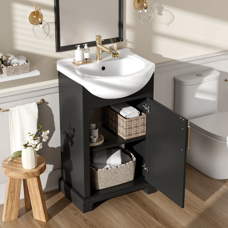 Meuble-lavabo sur pied à un lavabo, 50 cm (20 pouces), lavabo en céramique blanche brillante, porte à charnières à fermeture douce, meuble en MDF massif, noir, idéal pour les petites salles de bain.