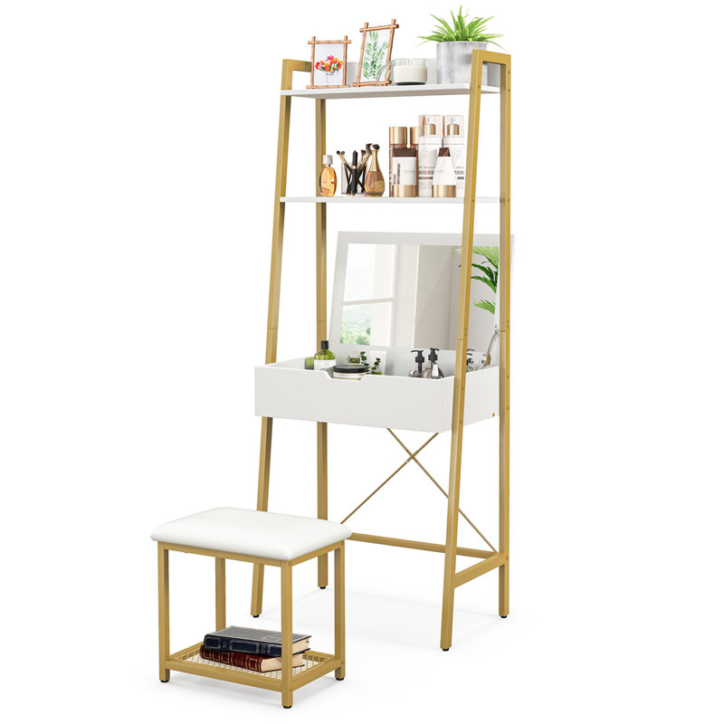 Ensemble coiffeuse et miroir de maquillage Efren, Blanc / doré