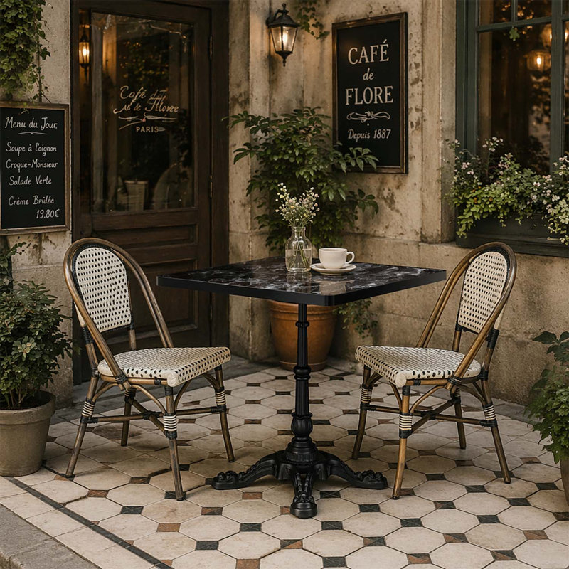 Table carrée avec base en fonte robuste pour bistro, café, bar et maison, Noir