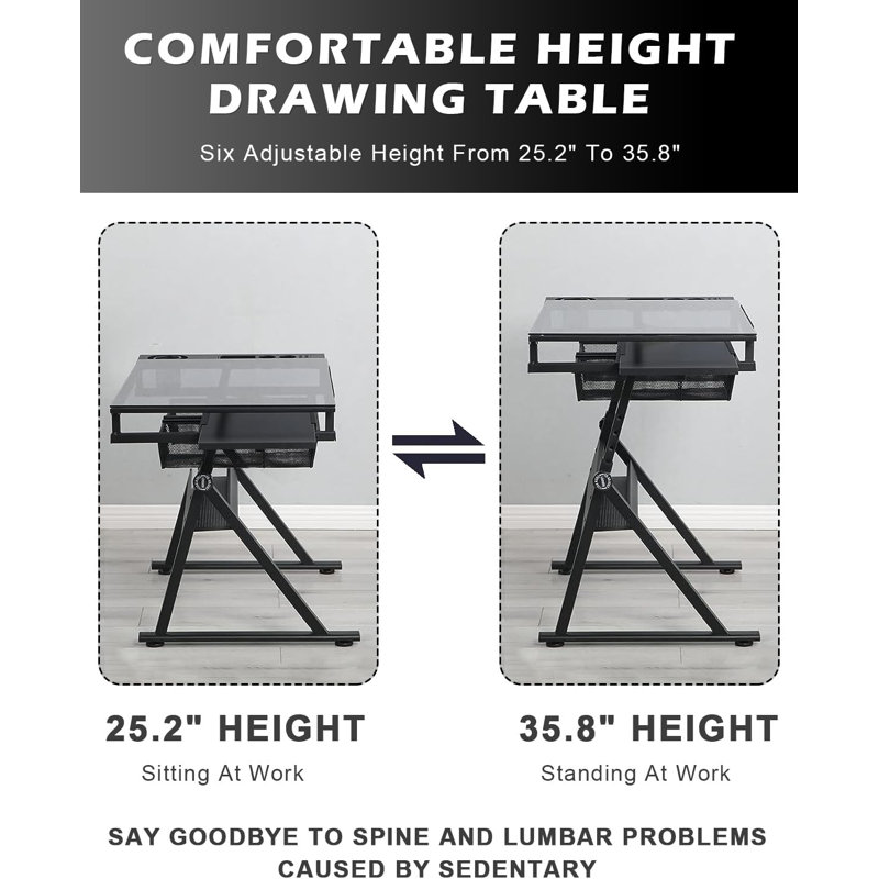 LifeSky Drafting Table Adjustable for Artists - Art Drawing Desk with Storage for Painting Sketching - Glass Top for Painters Illustrators Cartoonists Black