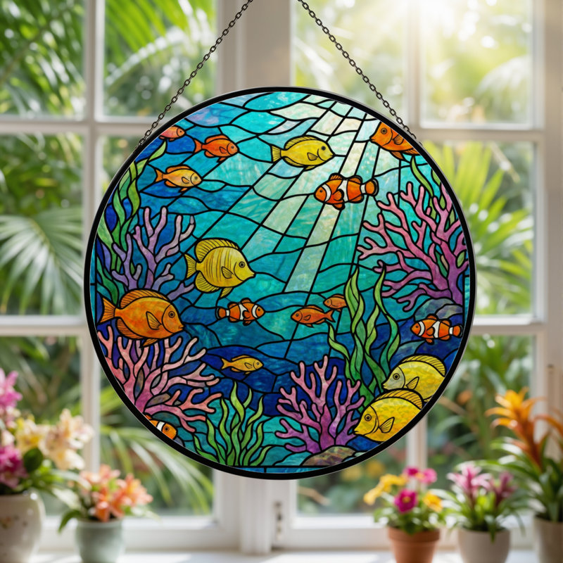 7.8"H Underwater Scene Stained Glass Window Panel, 7.8" H x 7.8" W