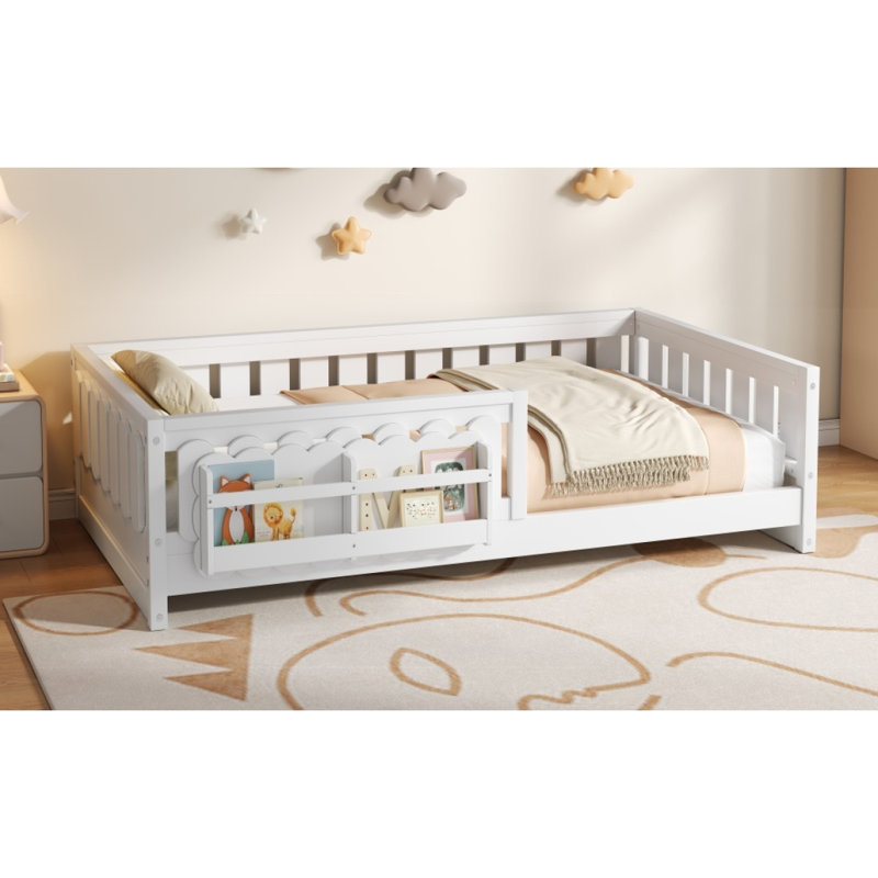 Lit plateforme simple en bois avec garde-corps et tablettes de rangement, blanc, Blanc
