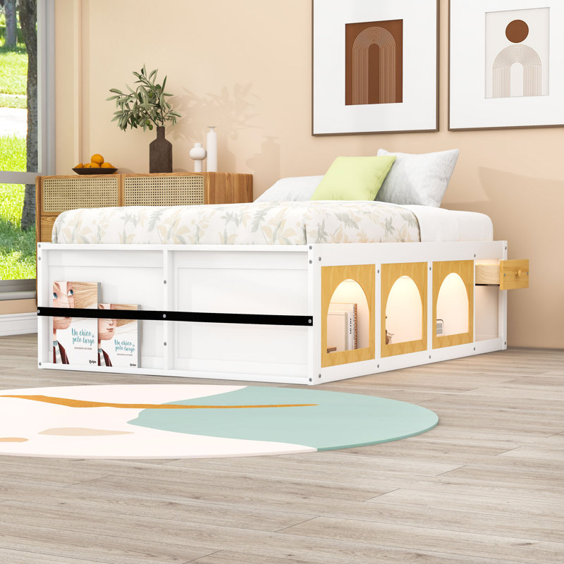 Lit plateforme en bois avec vitrine, tiroir et lumière DEL, Lit double, Blanc/naturel
