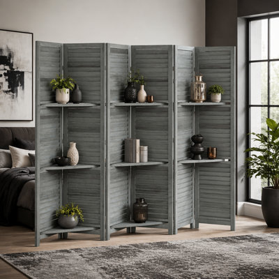 Paravent en bois massif à 6 panneaux avec tablettes pour l'intimité et le rangement, conception élégante à persiennes, facile à déplacer et à ranger