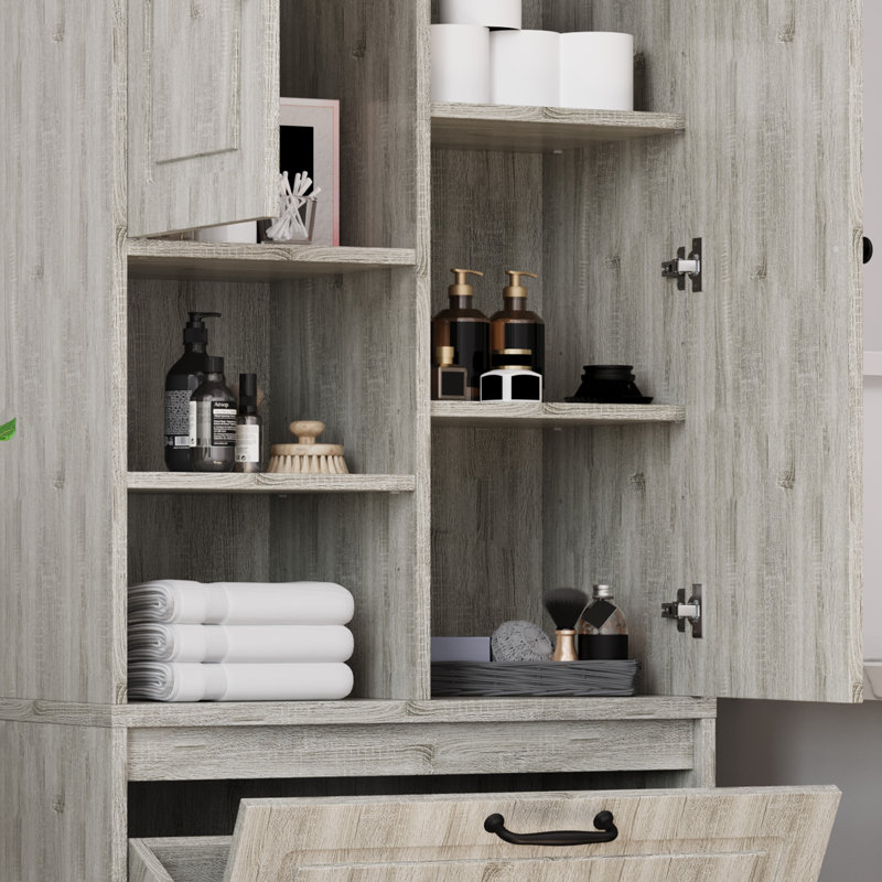 Armoire de rangement de 67,7 po de hauteur avec tablettes réglables et panier à linge, Chêne