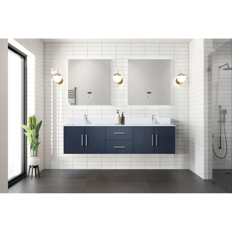 Meuble-lavabo double 72 po X P 22 po D, dessus en quartz blanc et ensemble de robinet, Marine