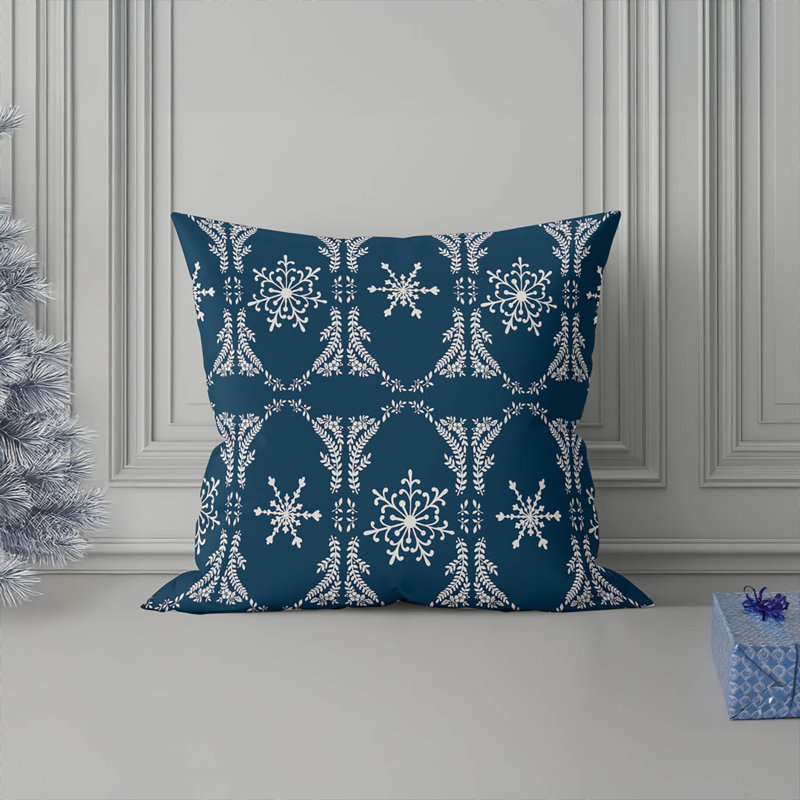 Coussin décoratif d'intérieur à motif de flocons de neige, Bleu très foncé, Carré 16 po