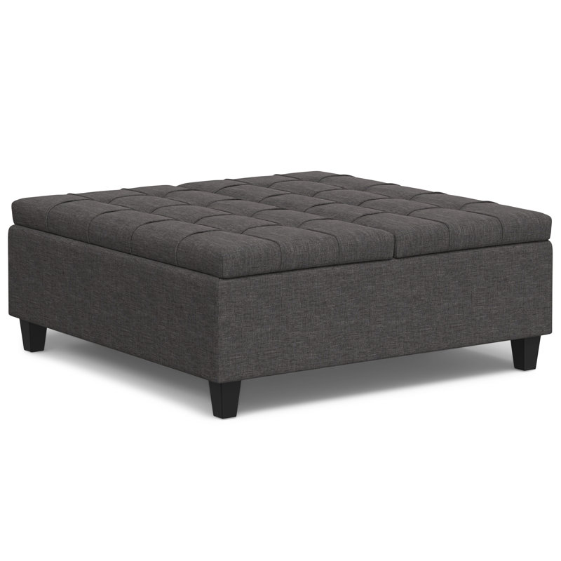Harrison 40"W Upholstered Transitional Square Lift-Top Ottoman with Sturdy Base, Slate Gray Linen Look Fabric