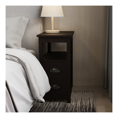 End Table Narrow Nightstand With Two Drawers And Open Shelf-Brown