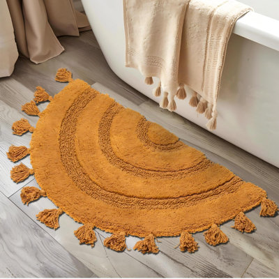 Half Circle Boho Bathroom Rugs With Tassels 100% Cotton Hand-Woven Bath Rugs Non Slip Absorbent Crochet Rugs Machine Washable Boho Bath Mats For Bathroom Floor Tub