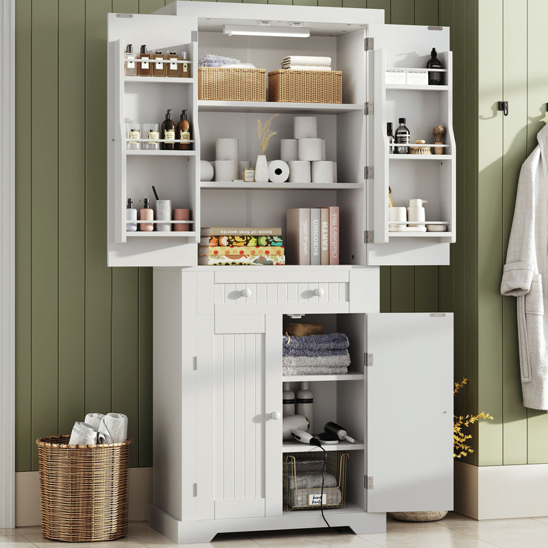 White 72" Tall Kitchen Pantry Cabinet with Motion Sensor Light