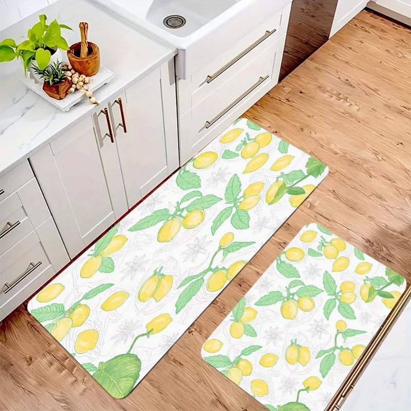 Lemon Element Print, 2 Pcs Non Slip Kitchen Mats, Yellow/Green Floral
