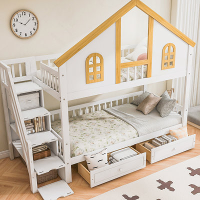 Lit simple superposé en bois avec toit et porte de fenêtre, tiroirs de rangement et escalier, blanc + naturel