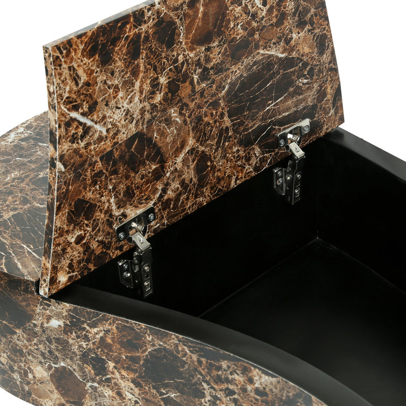 Table basse irrégulière moderne en faux travertin, plateau de table en faux marbre imitation bois, avec rangement caché et détails cannelés