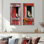 Oiseau moineau rouge monochrome par la porte de grange I - animaux, art sur toile, collection 2 panneaux