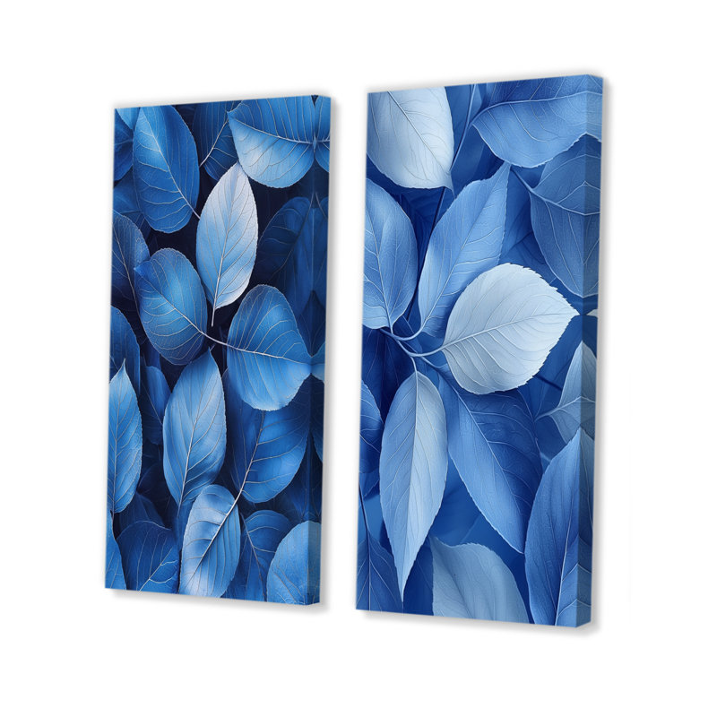 Pervenche feuilles de bleu simplicité I - art mural floral 2 panneaux, H 28 po x l 25 po, Toile tendue