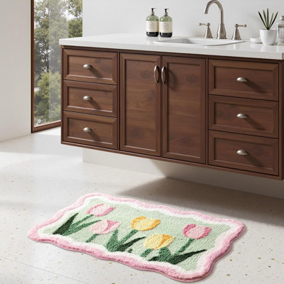 Cute Floral Bath Mat – Ultra Soft Non Slip Bathroom Rug, Absorbent Flower Carpet For Tub Or Shower, Tulips Bath Mat For Kids, Girls, Home Decor, 32''X20''